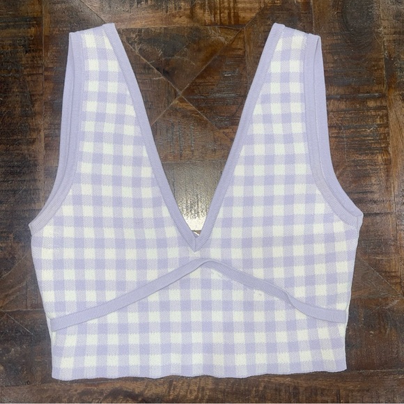 Zara Lilac White Plaid Deep V Plunge Cropped Bra Tank Sleeveless Women Sz S NWOT - Picture 2 of 5